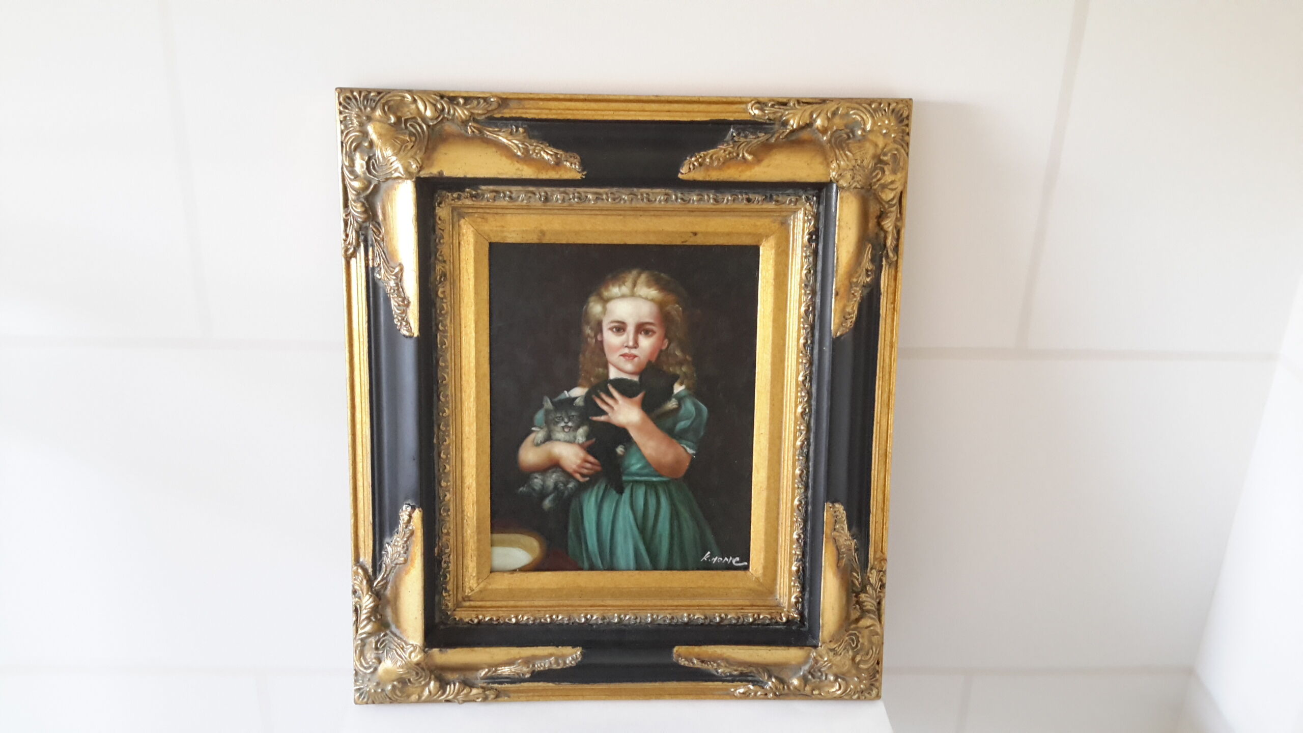 Oil on wood panel fine XIX th "The little girl with cats"