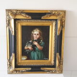 Oil on wood panel fine XIX th "The little girl with cats"