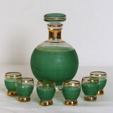Green liqueur carafe and its 6 glasses