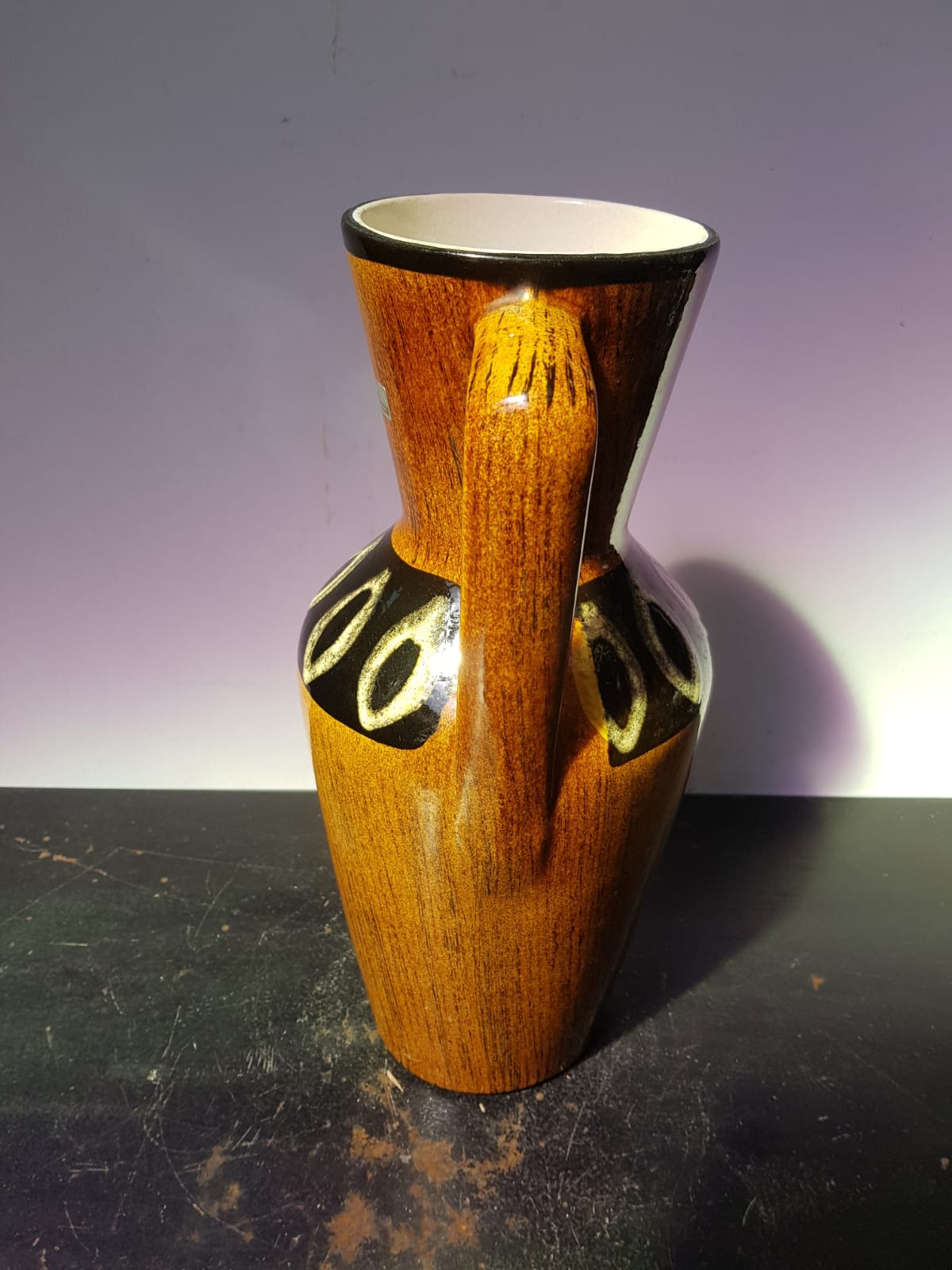 Scheurich europ linie vase beige & black ceramic + vintage germany handle