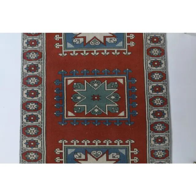Vintage Turkish Hand-Knotted Wool Cotton Red Runner 110x193