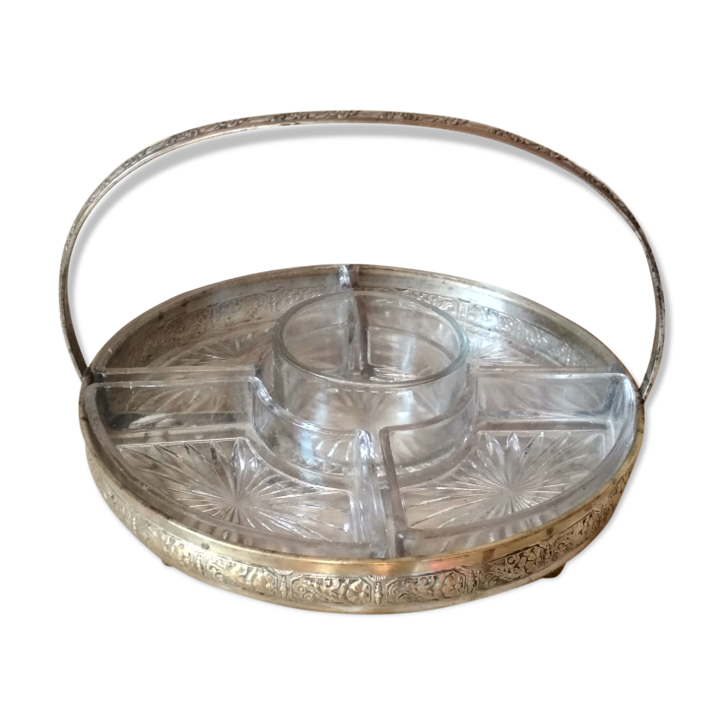 Appetizer tray, servant silver metal and its 5 ramekins 1930s cut glass