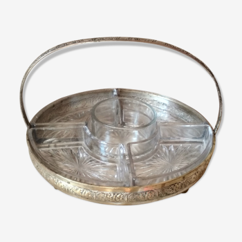 Appetizer tray, servant silver metal and its 5 ramekins 1930s cut glass
