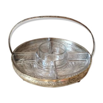 Appetizer tray, servant silver metal and its 5 ramekins 1930s cut glass