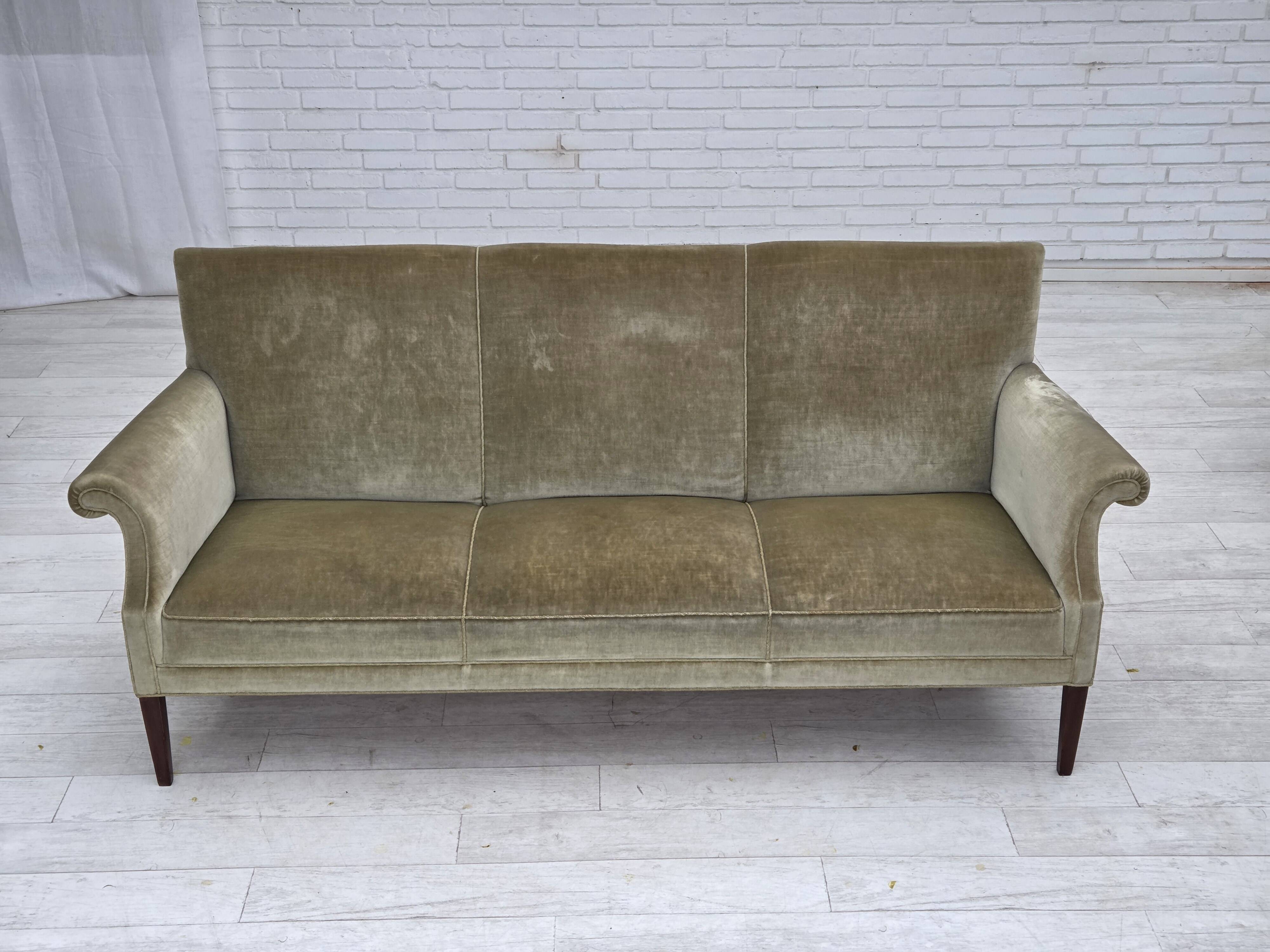 1960s, Danish 3-seater sofa, light green furniture velour.