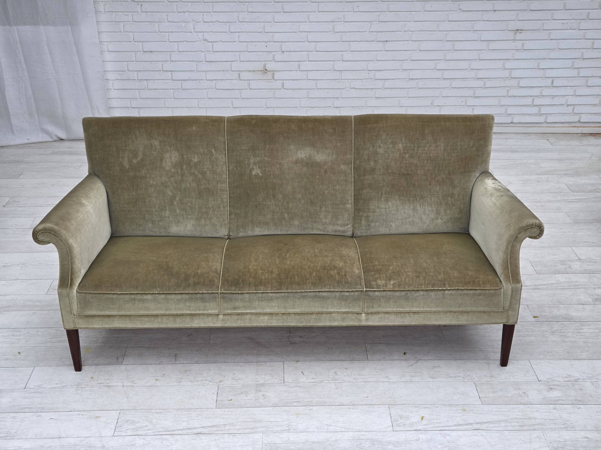 1960s, Danish 3-seater sofa, light green furniture velour.