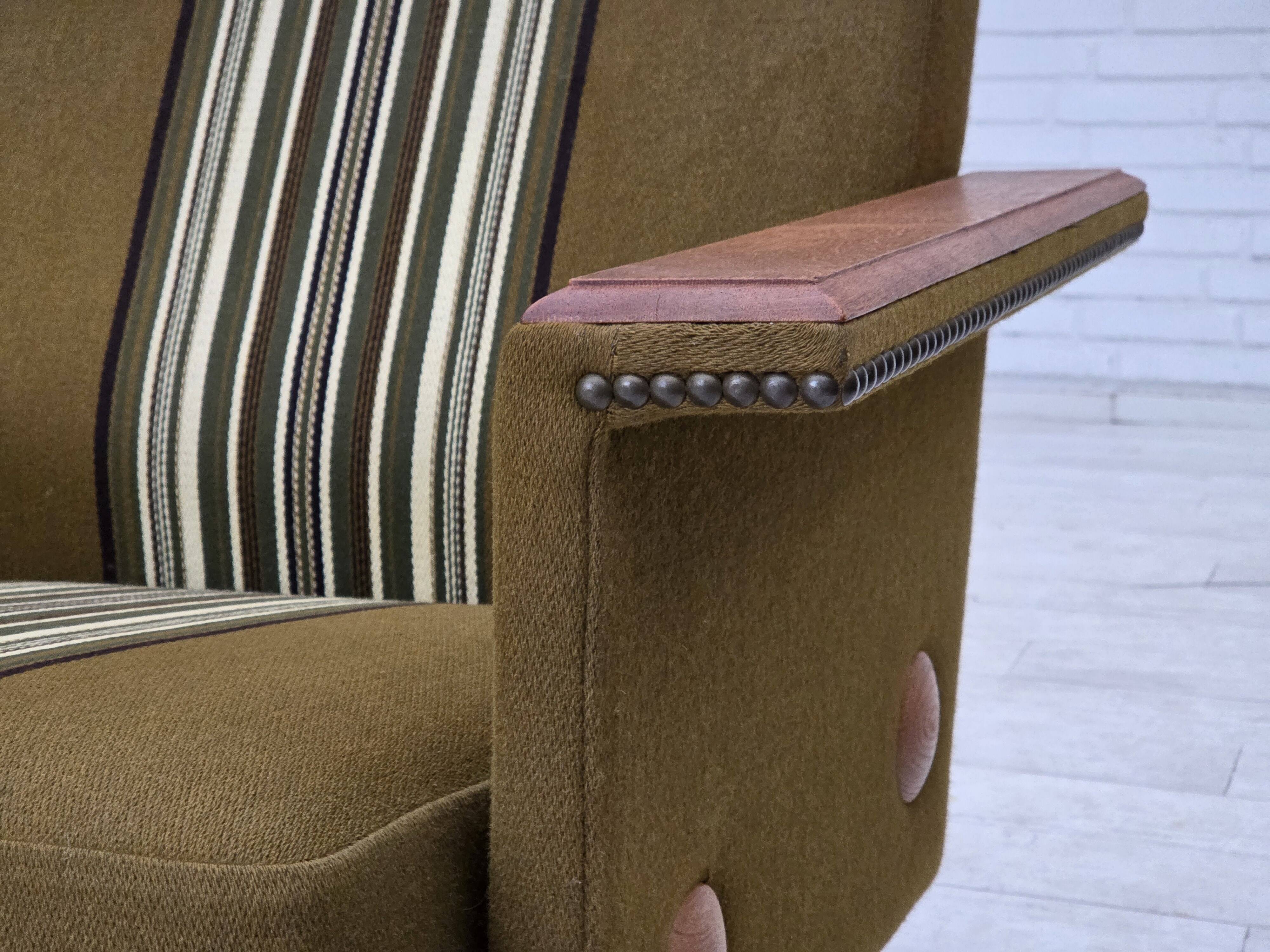 1970s, Danish 3-seater sofa, furniture wool, solid oak wood.