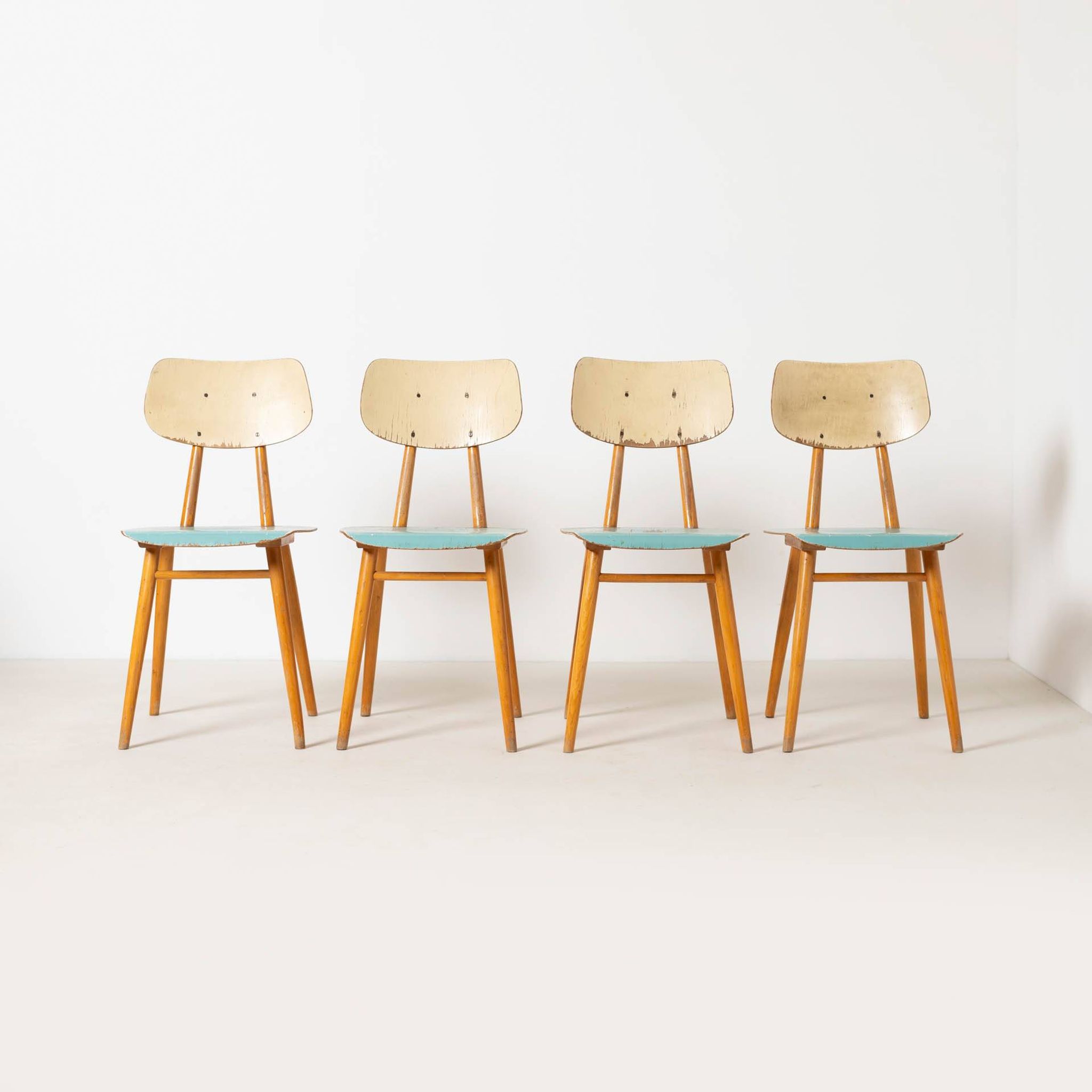 Set of 4 midcentury dining chairs from TON, blue painted plywood, 1960S