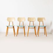Set of 4 midcentury dining chairs from TON, blue painted plywood, 1960S