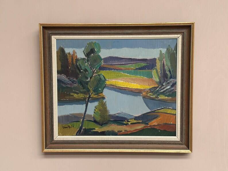 Original Swedish Oil on Panel - "Natural Landscape" by Frans Rase (1913-1994) - Signed - Vintage & Framed - 56 × 48 cm (22" × 18.9")