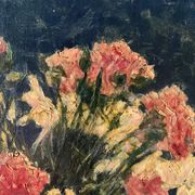 Bouquet d’œillets en vase bleu et blanc, signée
