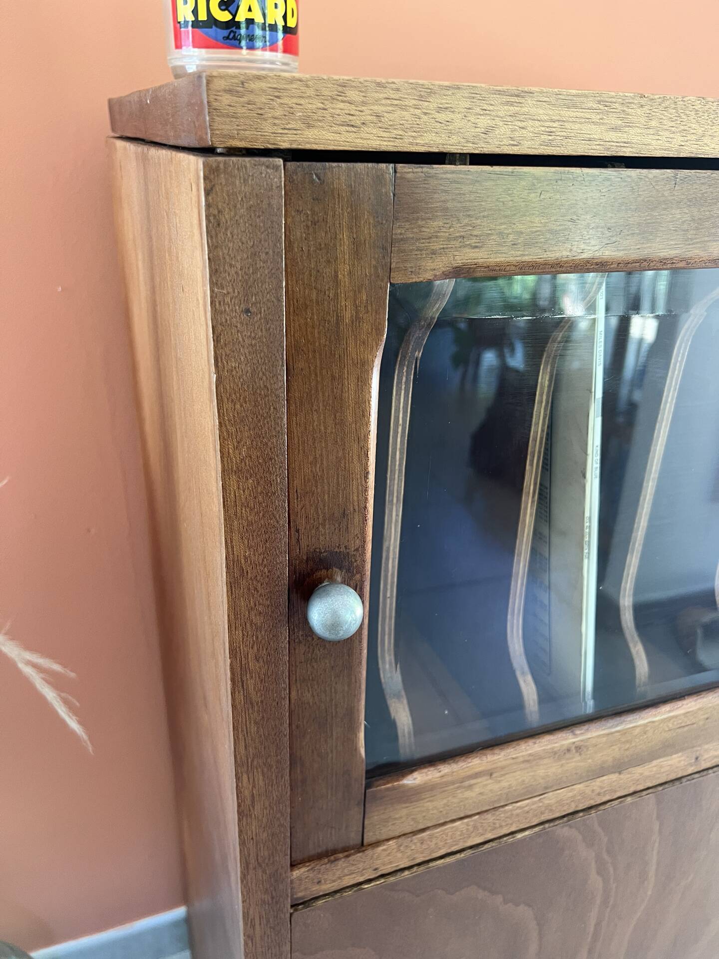 Vintage wooden furniture, vinyl storage, bookshelf, desk.
