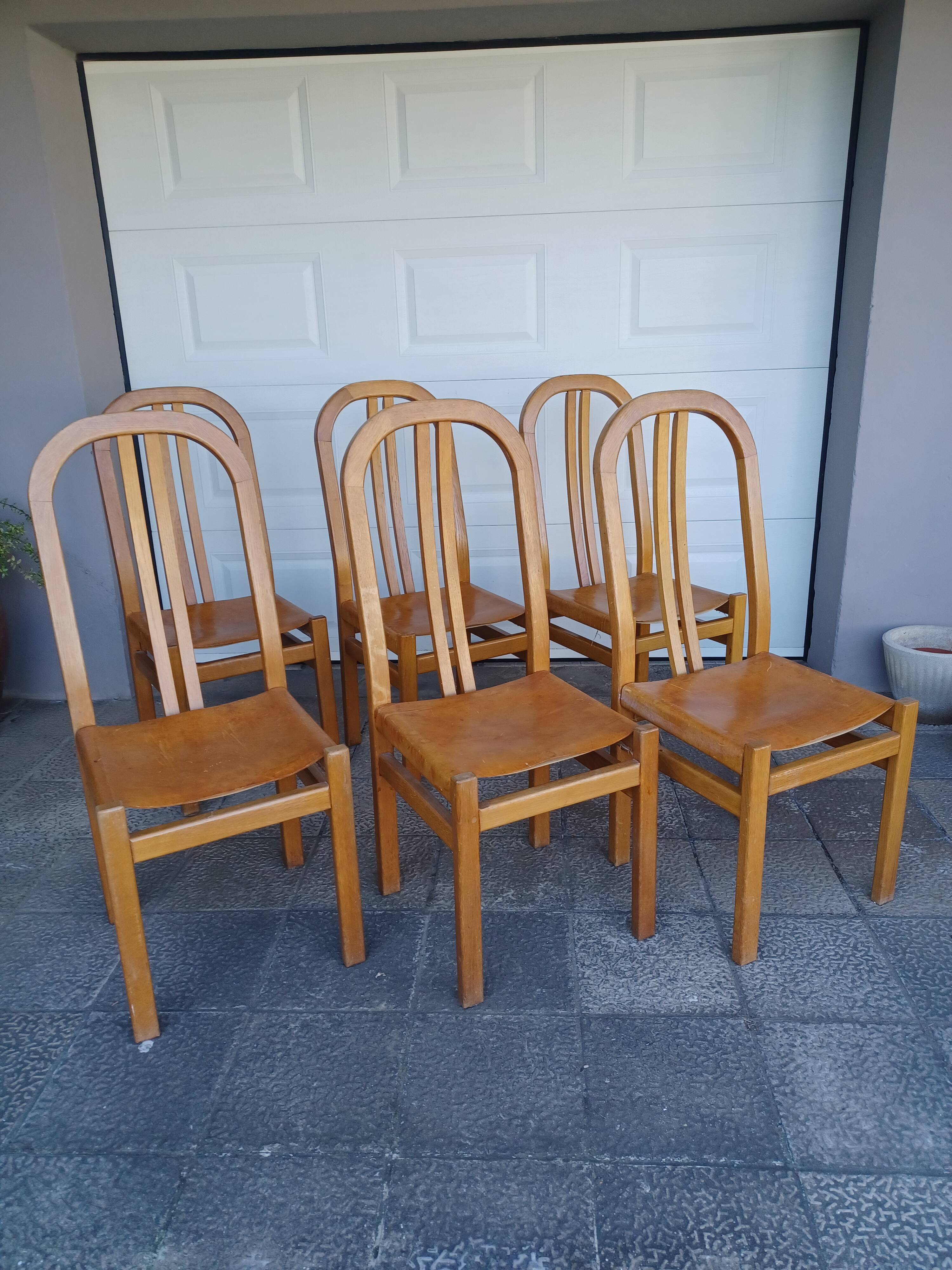 Set of 6 chairs, oak and leather