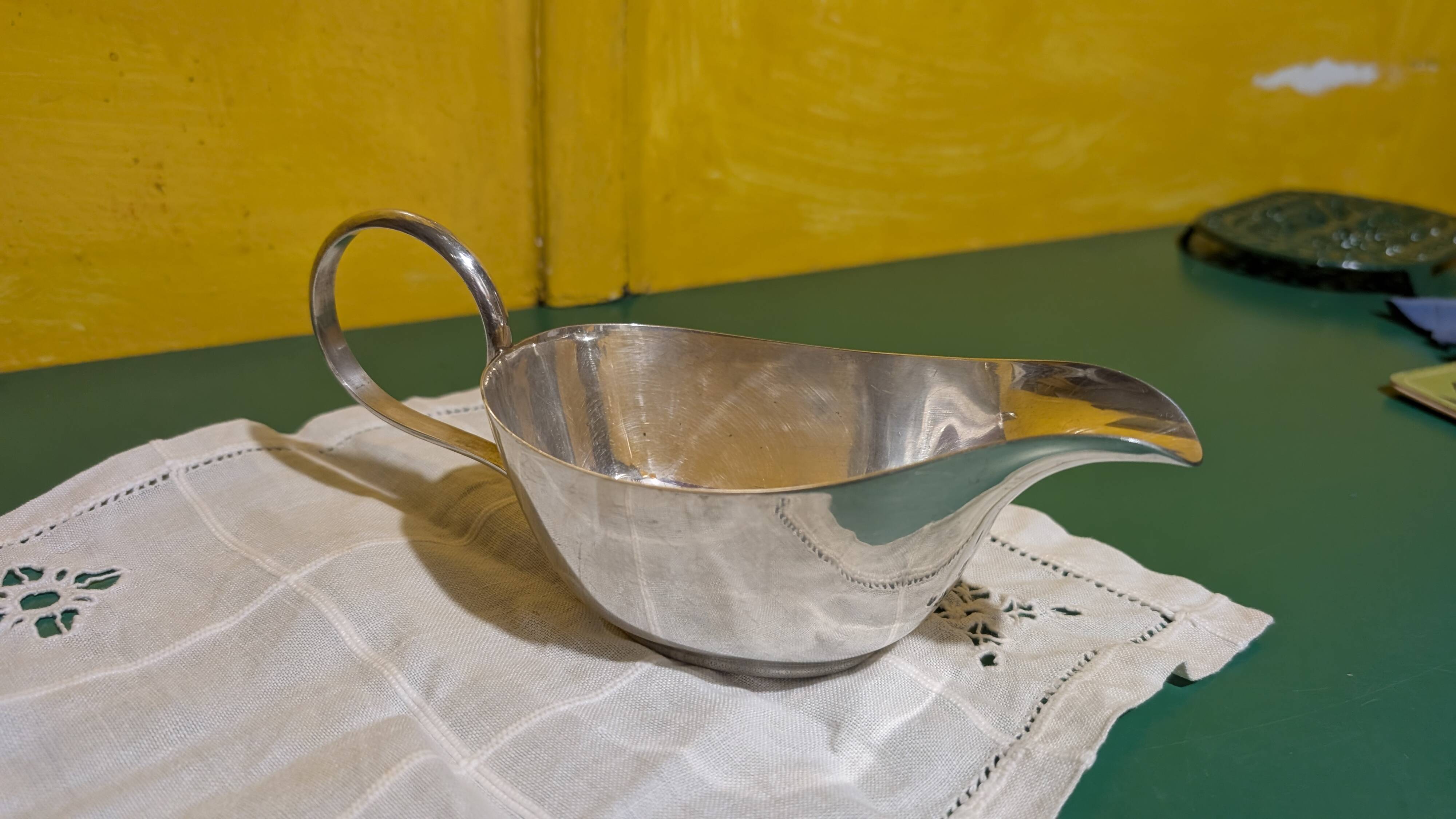 Silver-plated metal gravy boat, made by Meurgey silversmiths in Paris