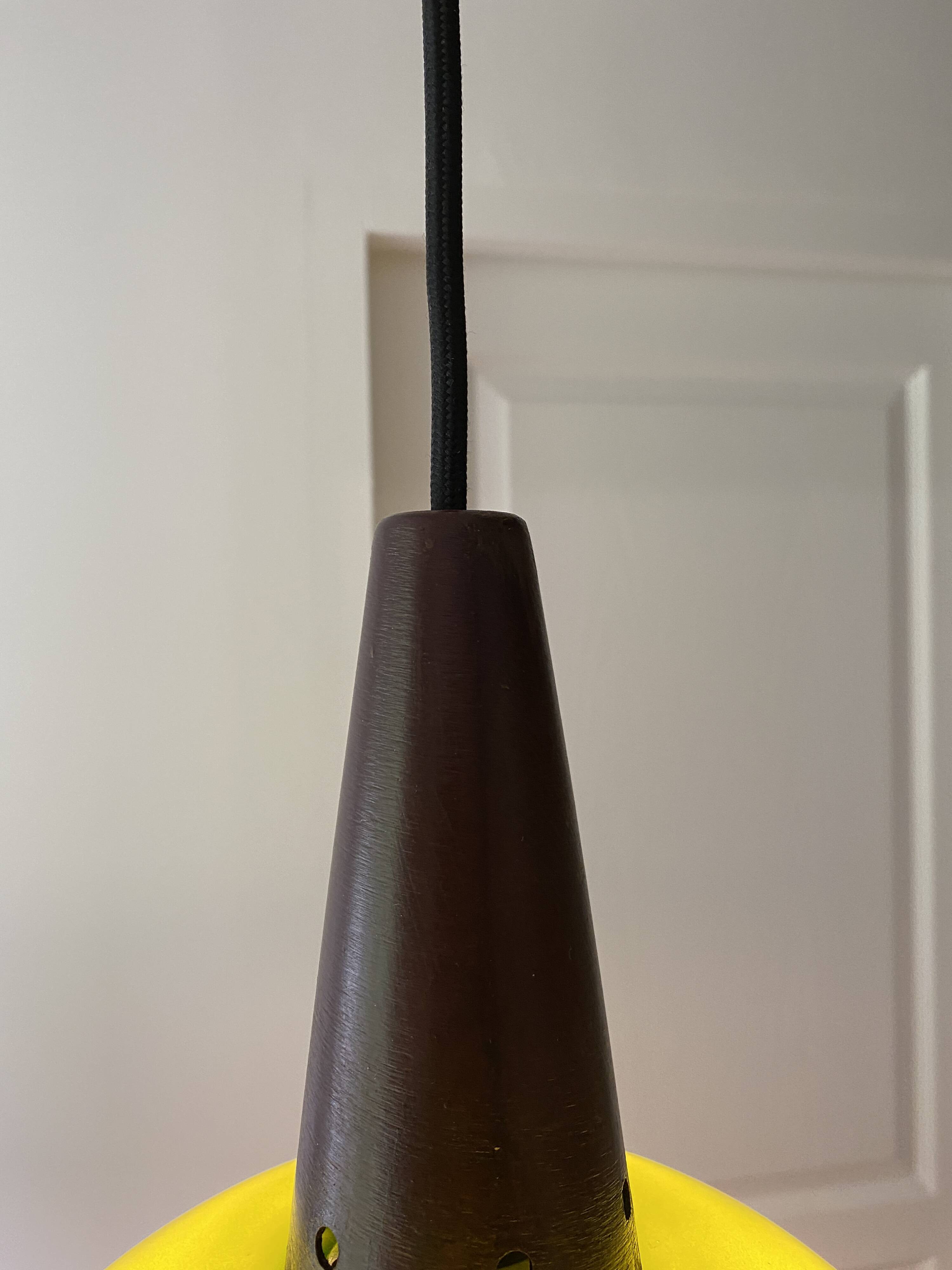 Vintage half globe pendant light in green opaline, imitation teak elements, 50s/60s
