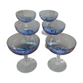 6 champagne glasses in blue glass and vintage transparent base