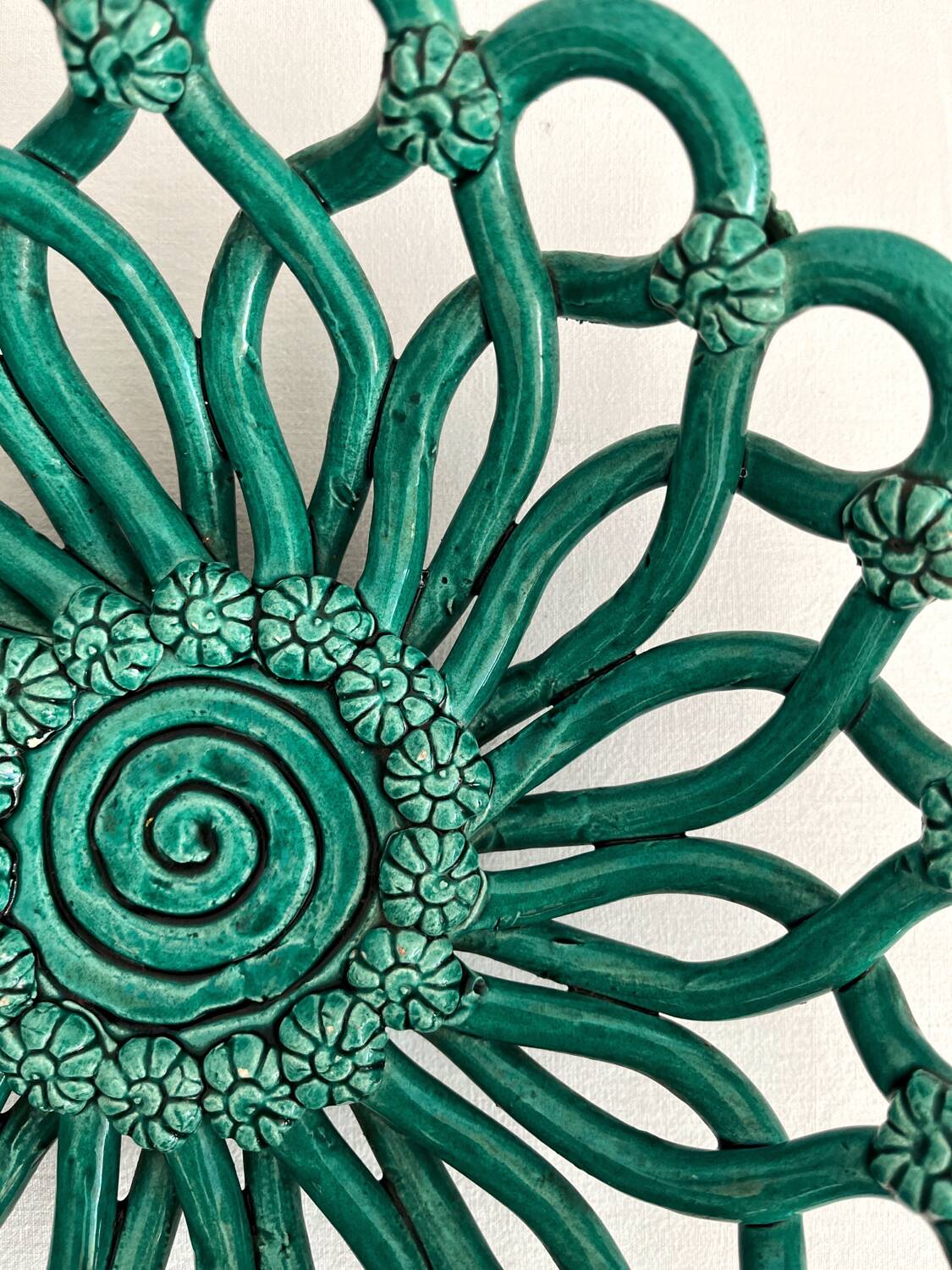 Vintage Vallauris green woven ceramic fruit bowl