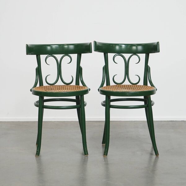 Lot de 2 chaises de bistrot vintage vertes avec assises en roseau tressé