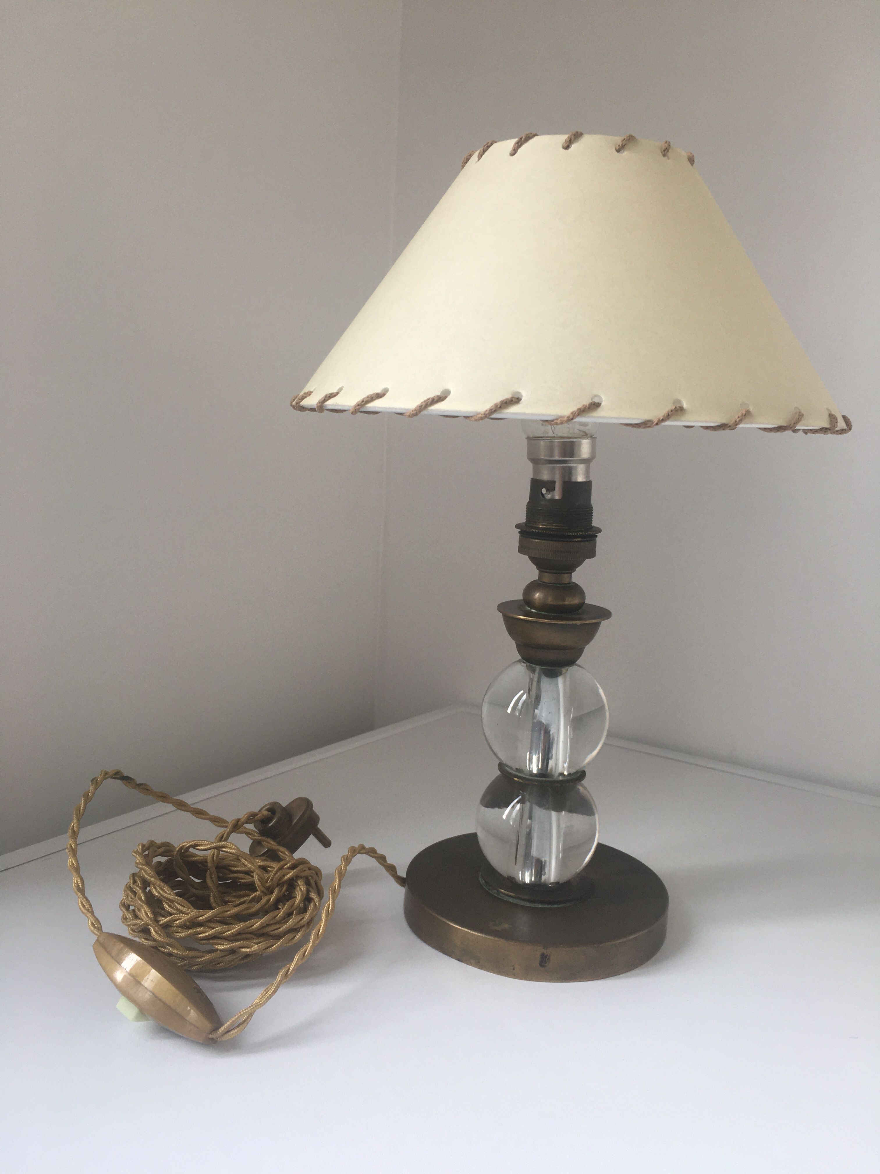Modernist-era glass and brass lamp