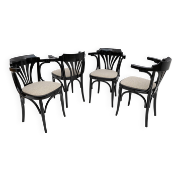 Mid-Century Modern French Ebonized Beech Bistro Chairs, 1970s, Set of 4