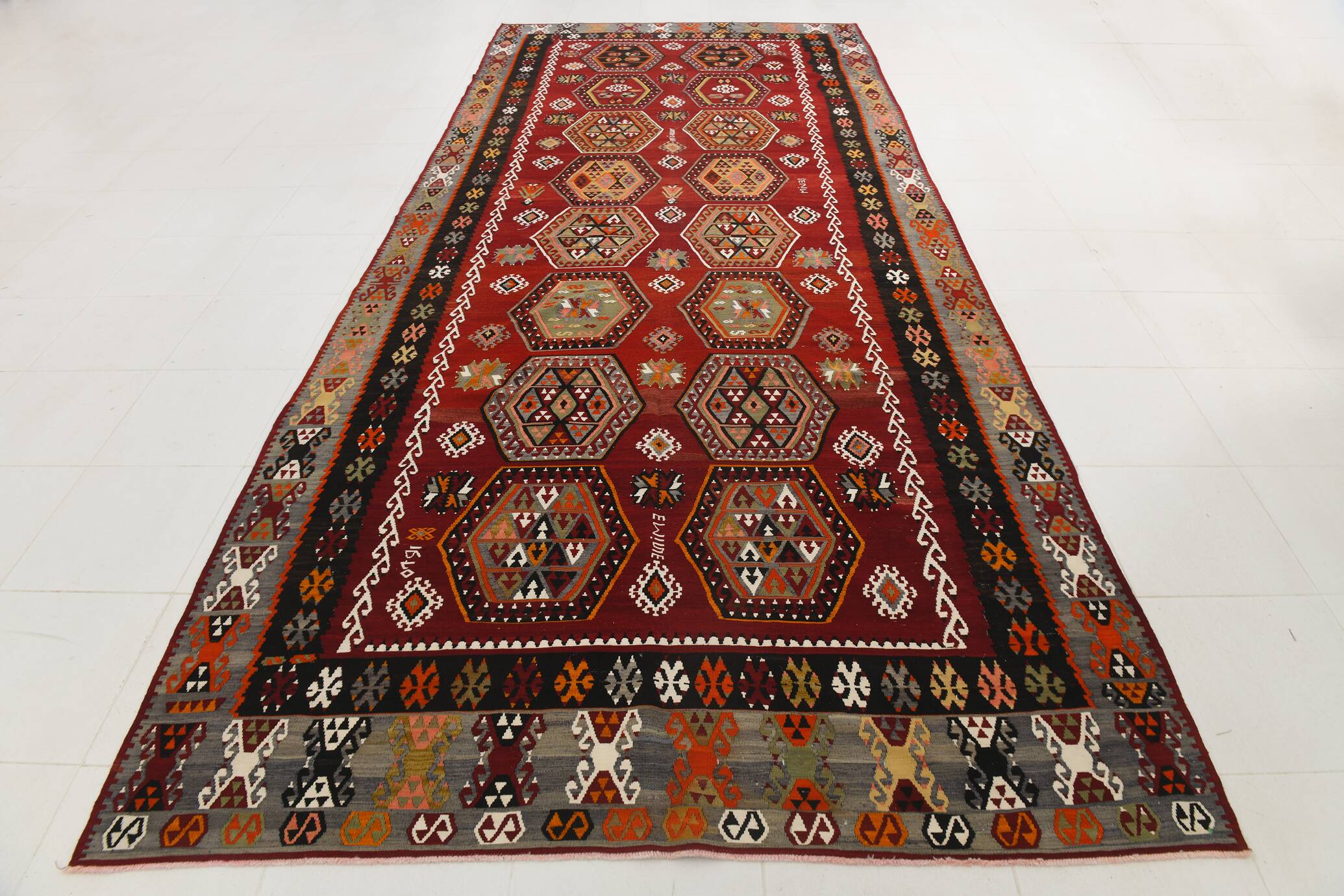 6x15 Wine Red & Green Vintage Kilim Rug, 198x468Cm
