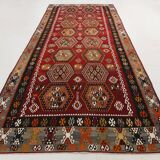 6x15 Wine Red & Green Vintage Kilim Rug, 198x468Cm