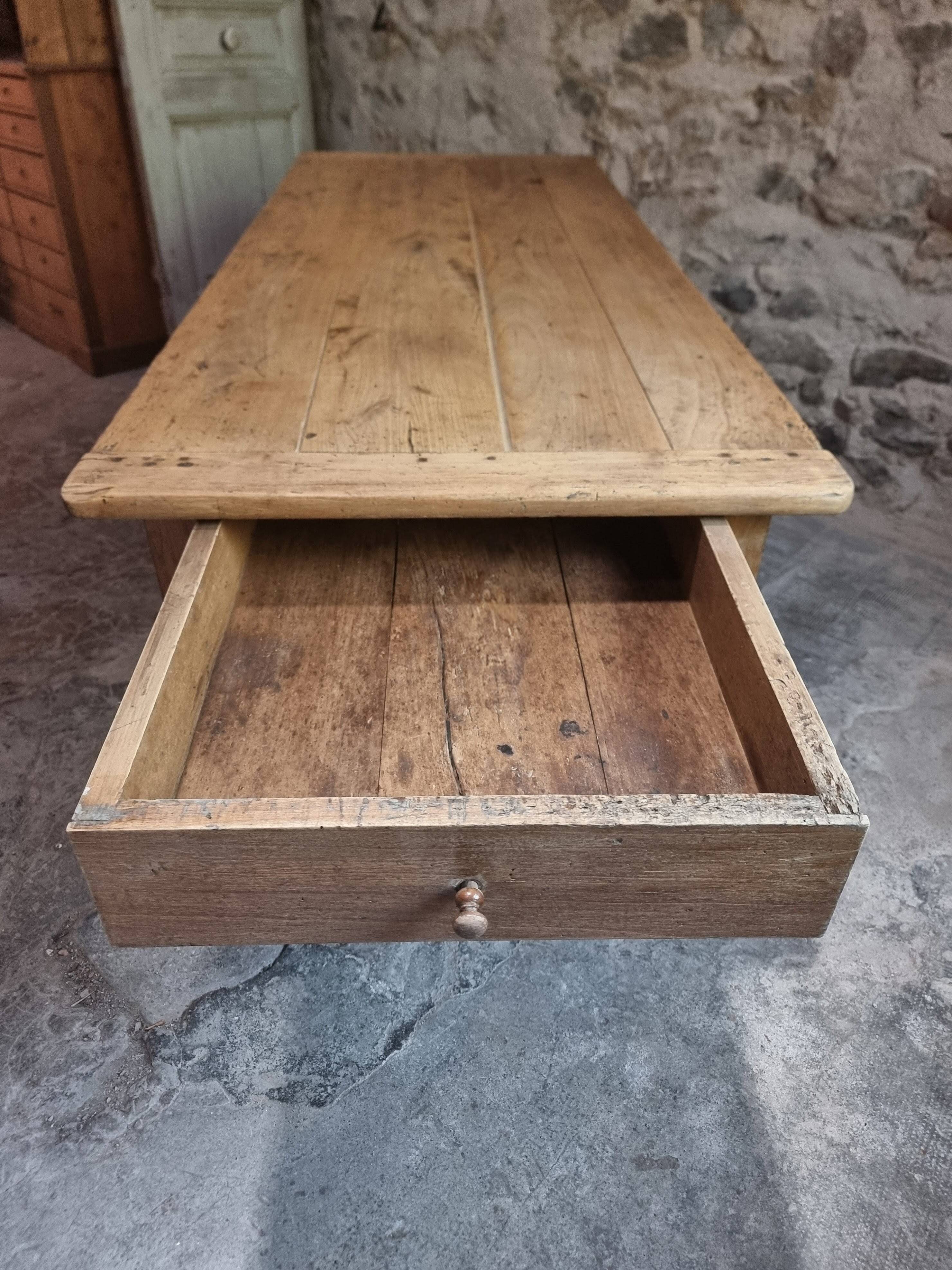 Old farmhouse dining table, rustic kitchen, poplar top, chestnut base, two drawers, 1800–1850.