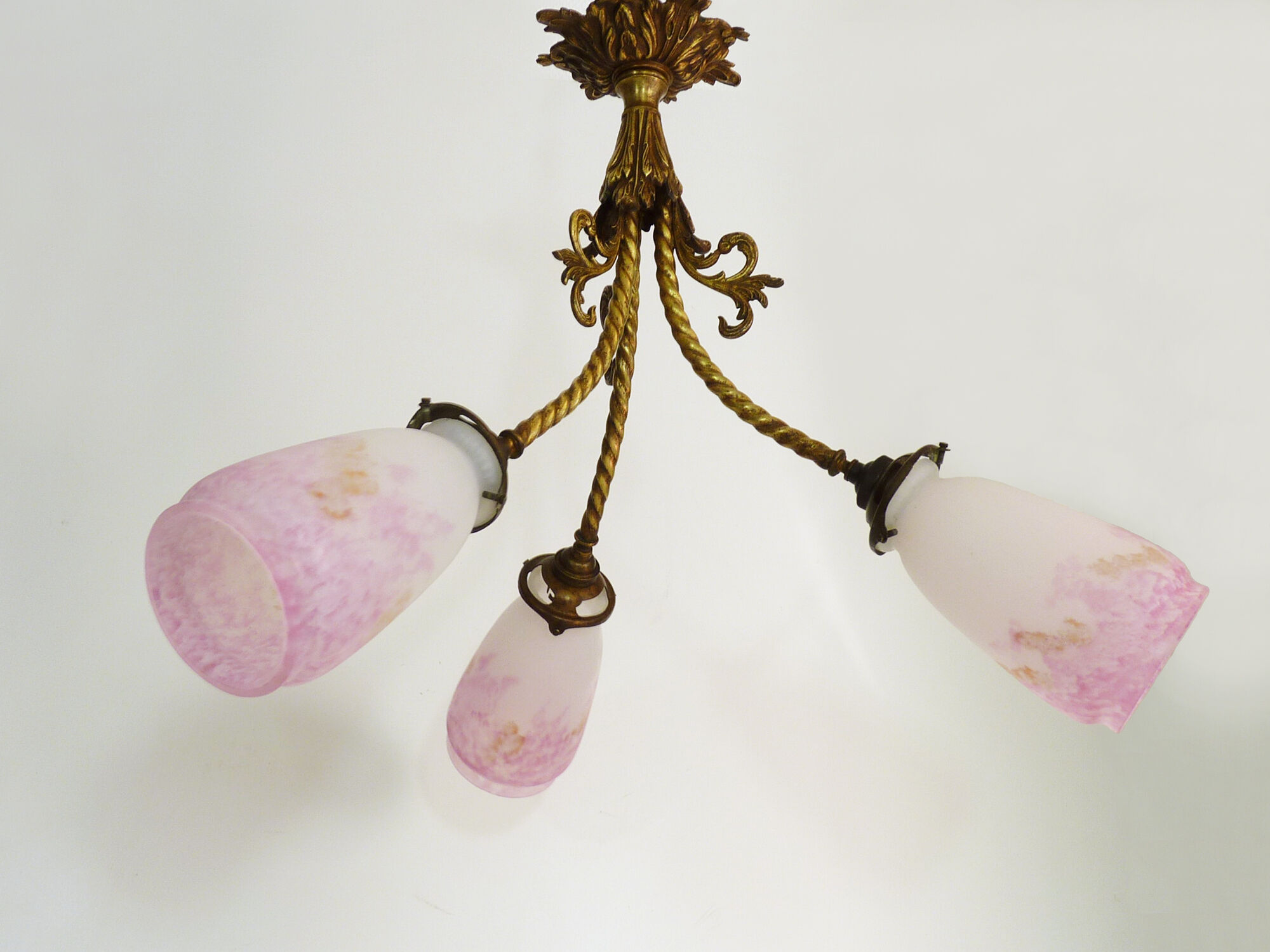 Art Deco chandelier in bronze with 3 tulips in pink glass paste. Signed L'Elf