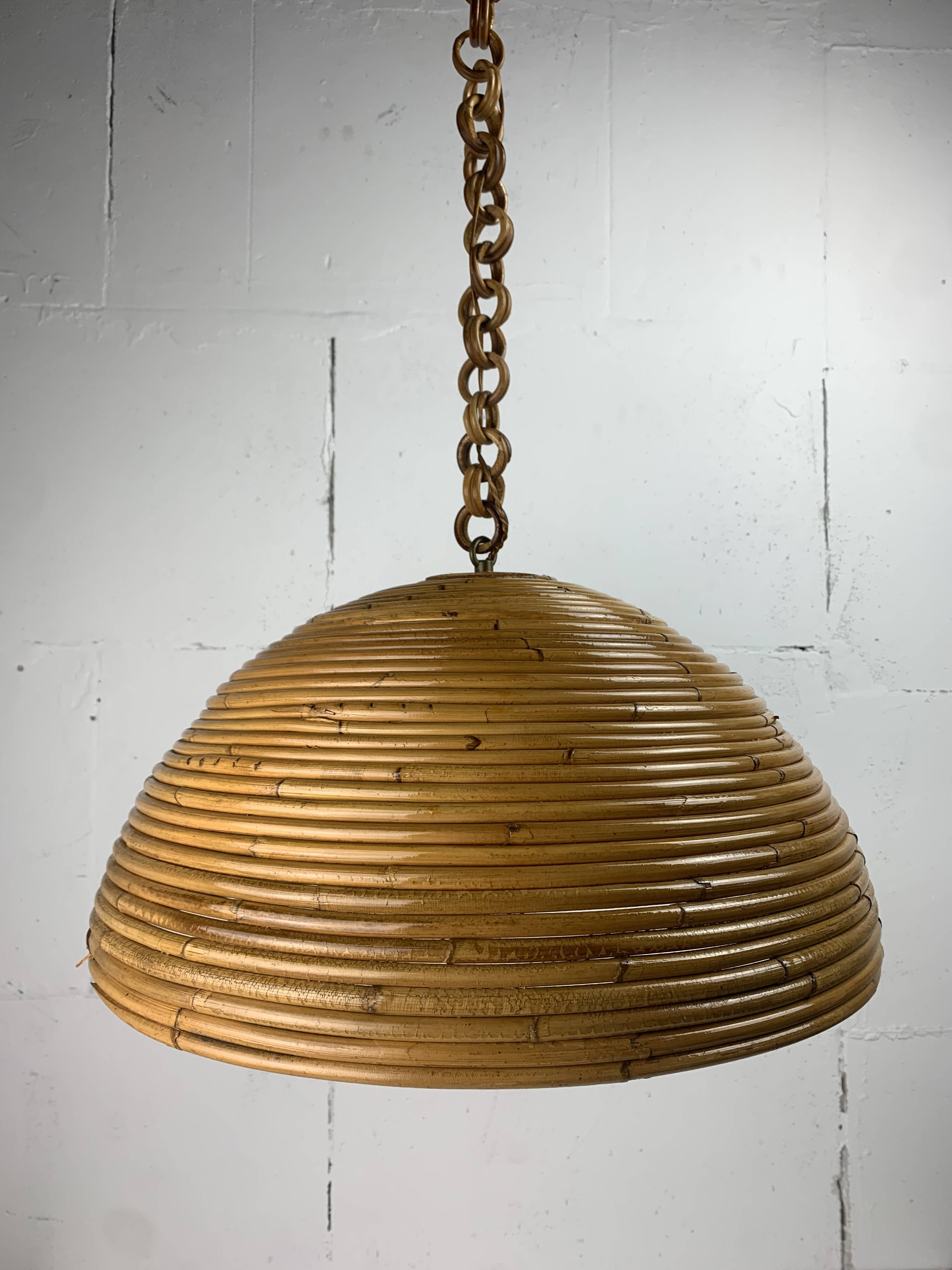 Midcentury pencil reed rattan bamboo pendant hanging lamp, Italy, 1970s