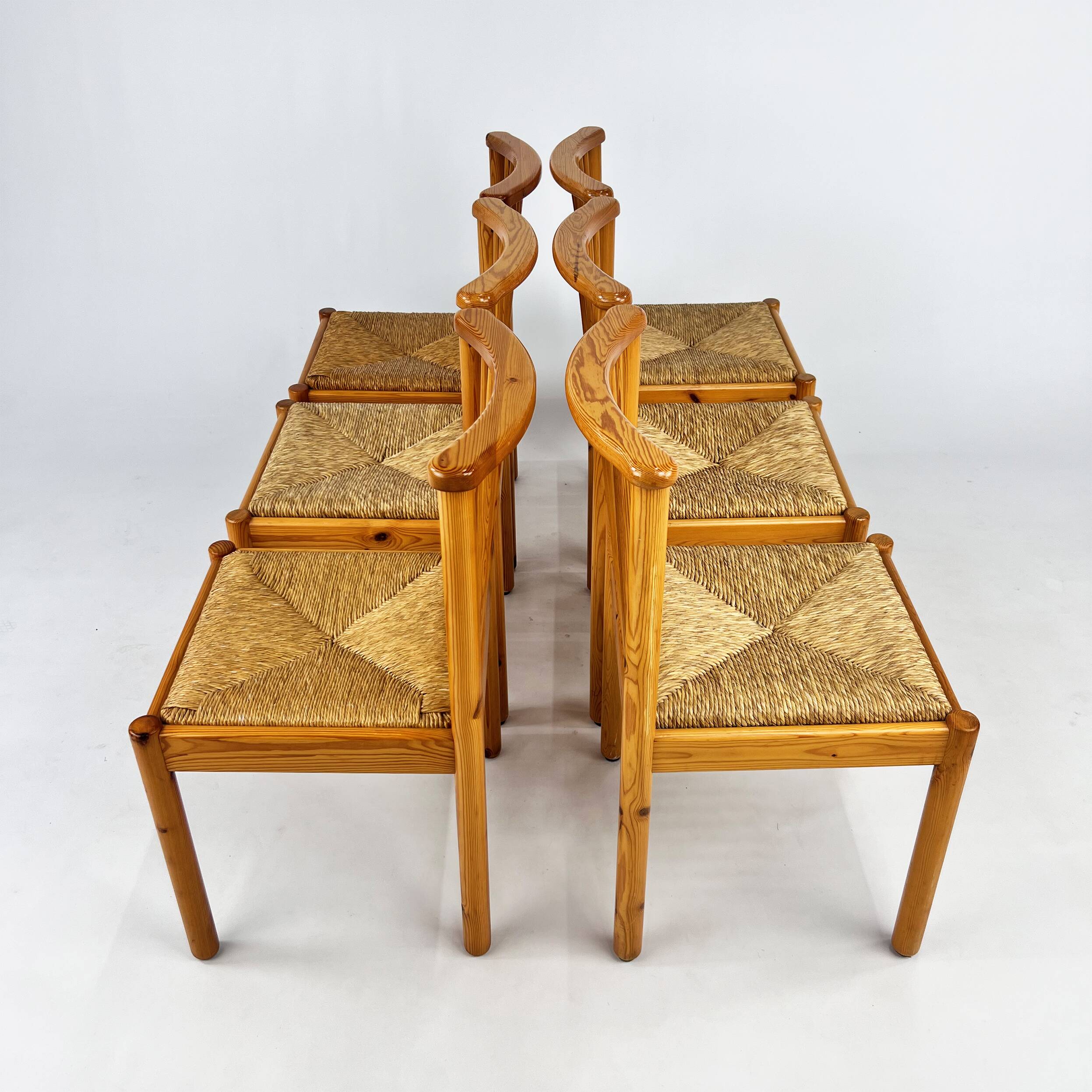 Set of 6 Scandinavian Pine and Rush Dining Chairs, 1970s