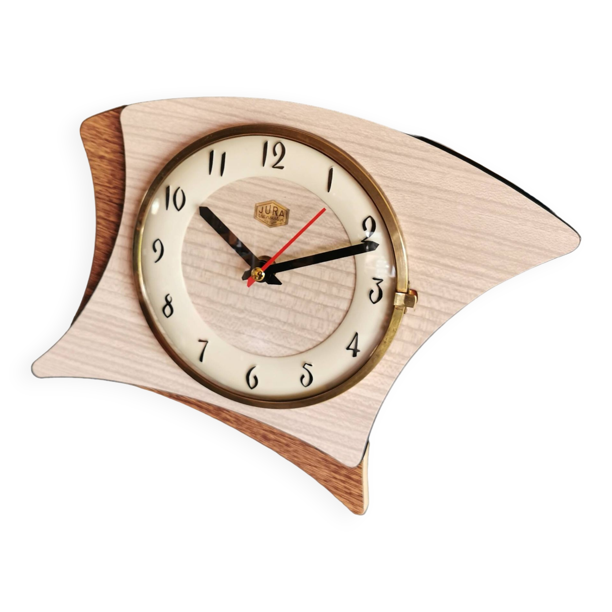 Vintage formica clock silent asymmetrical wall pendulum "Jura bois"