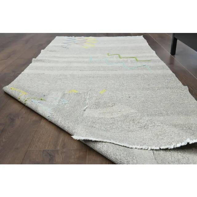 1970s Vintage Turkish Oushak Handmade Wool Cotton Gray Runner Rug 90x341