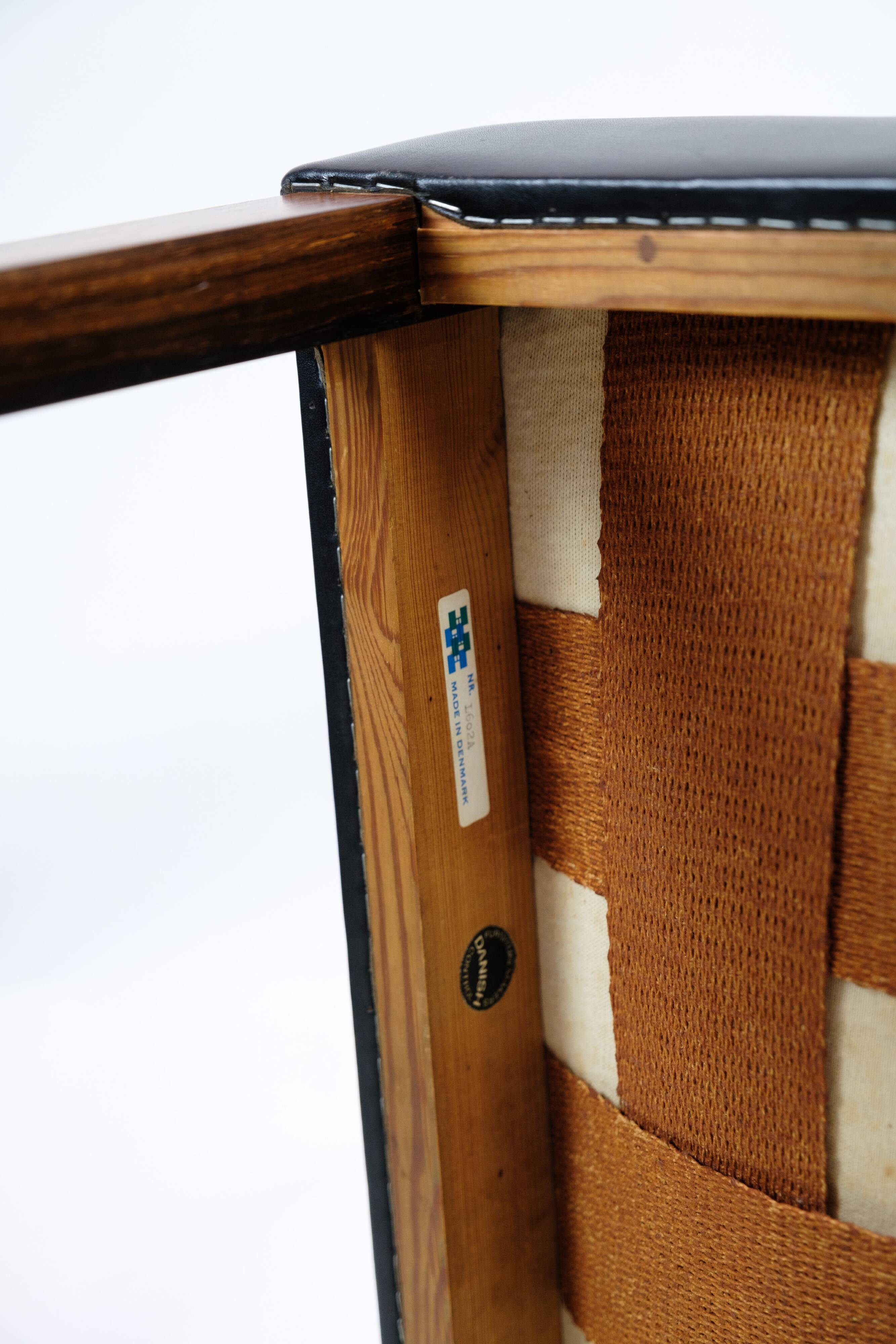 Stool Made In Black Leather & Rosewood Legs, Danish Design From 1960s