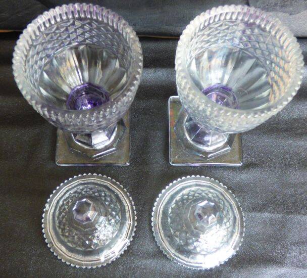 2 antique glass bonbonnières in the shape of pine cones.