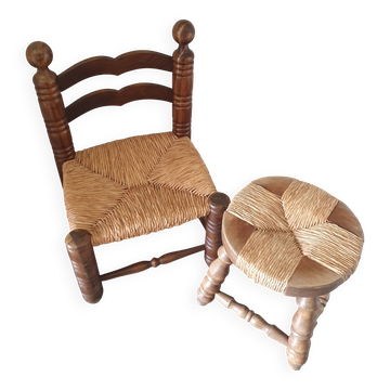 Chaise et tabouret paillés