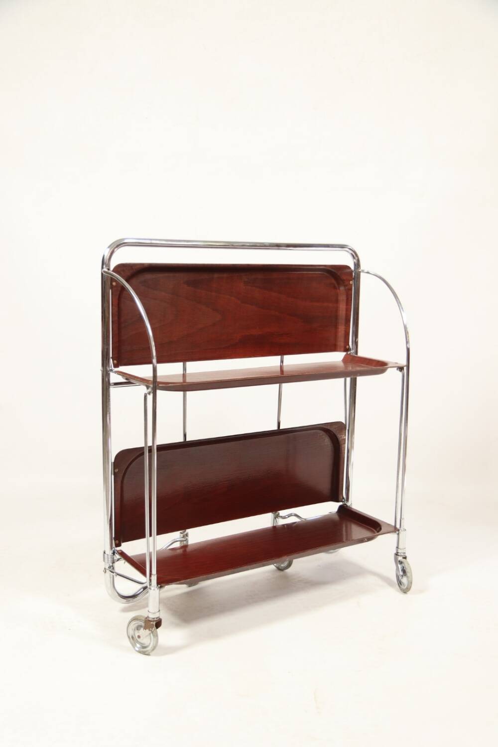 Bar de service vintage Bauhaus style chrome et bois mobile wengé