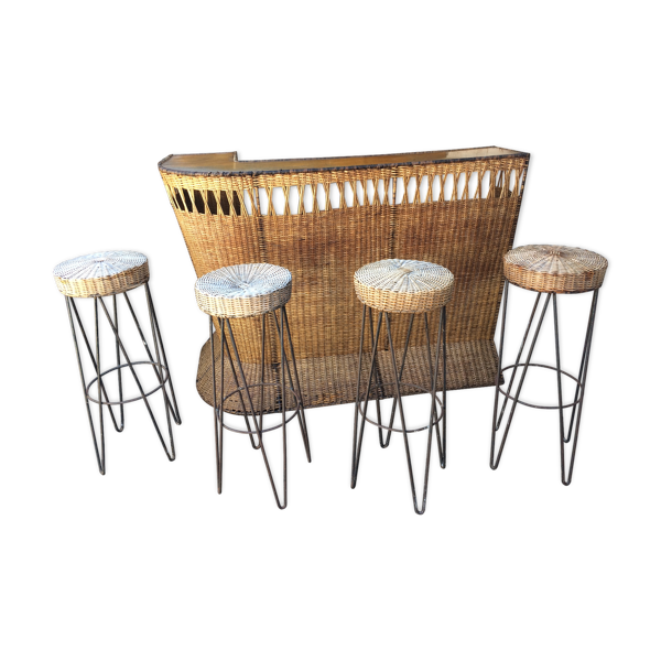 Rattan bar with 4 stools, French work of the 50s-60s | Selency