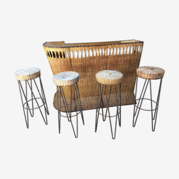 Rattan bar with 4 stools, French work of the 50s-60s