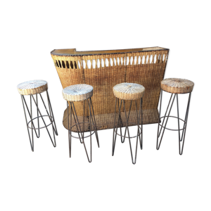 Bar et 4 tabourets en - rotin osier