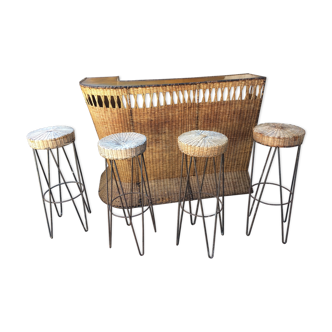 Rattan bar with 4 stools, French work of the 50s-60s