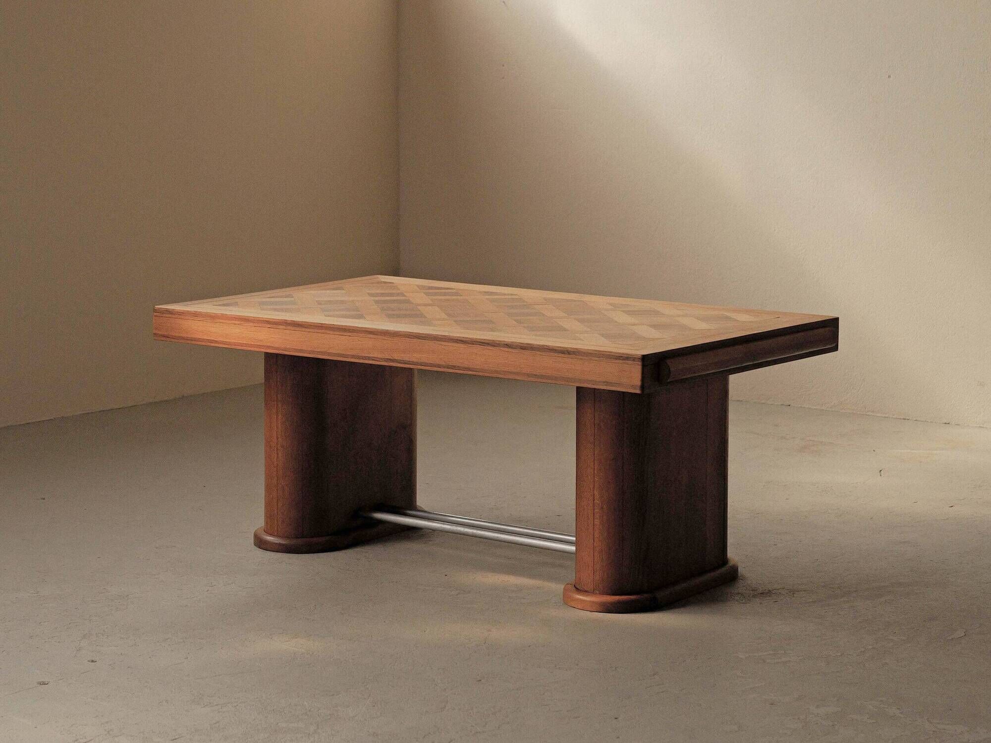 Art Deco table in oak and walnut with marquetry decoration, circa 1940.