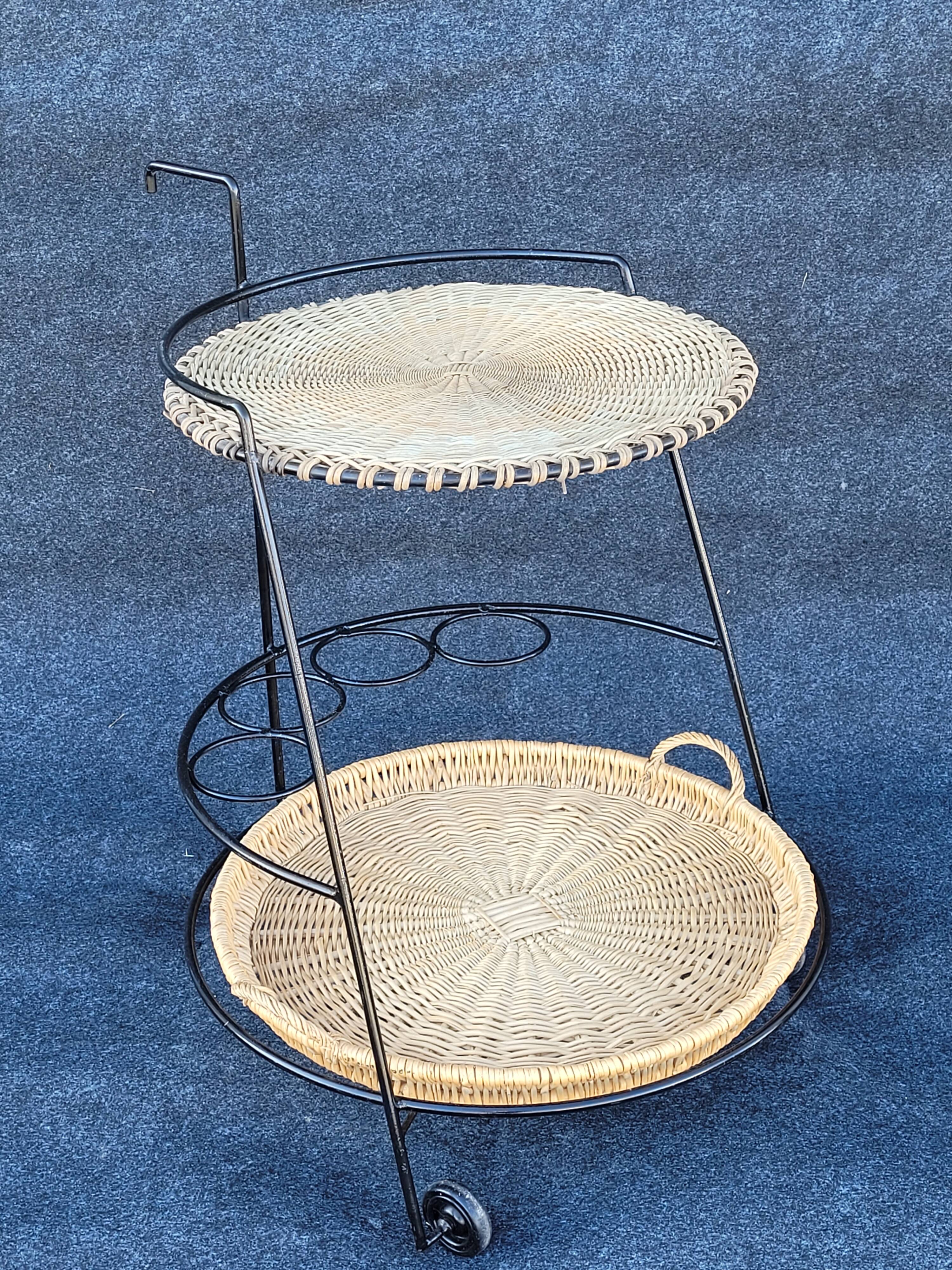 French iron and wicker bar cart from the 1950s