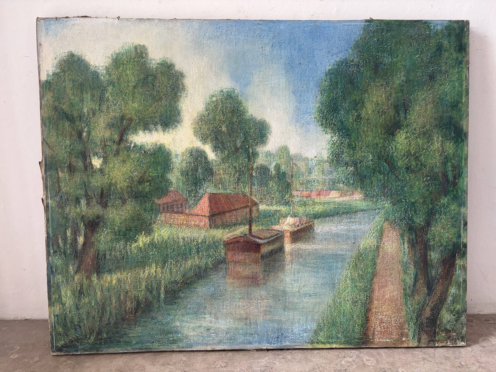 Canal stroll, oil on canvas signed