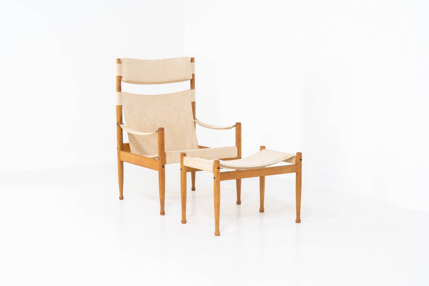 Chaise safari et ottoman en chêne par Niels Eilersen pour Erik Wørts