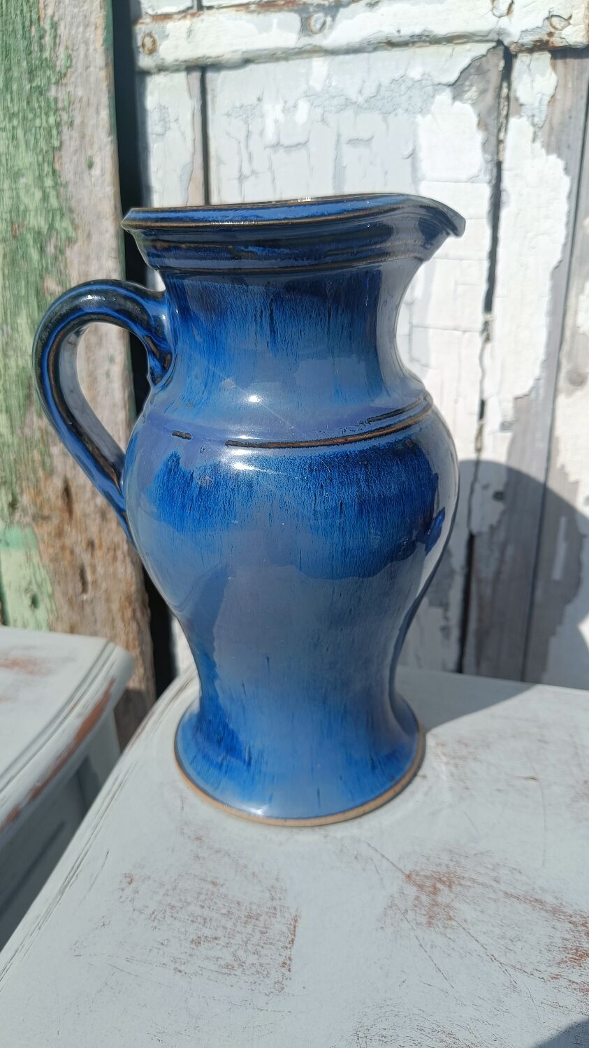 Vase, blue glazed ceramic jug – vintage handmade pottery
