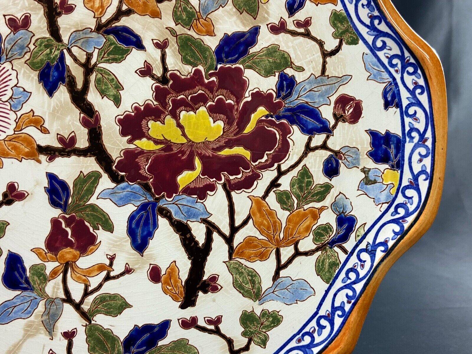 Large Gien earthenware dessert dish with Peonies decor