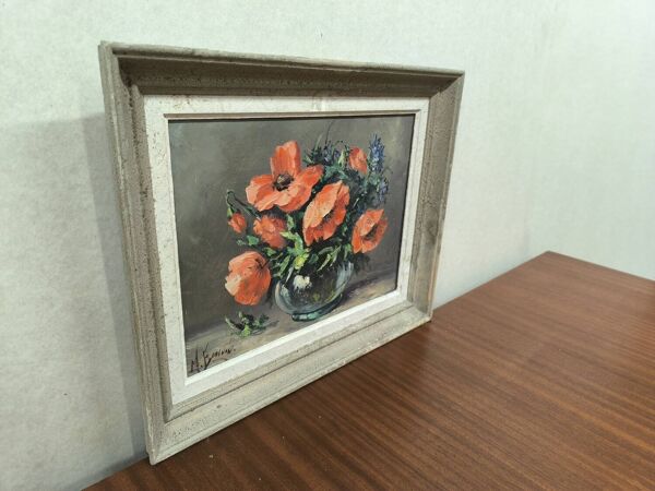 Tableau peinture Nature morte coquelicots M Bonvin Huile sur panneau