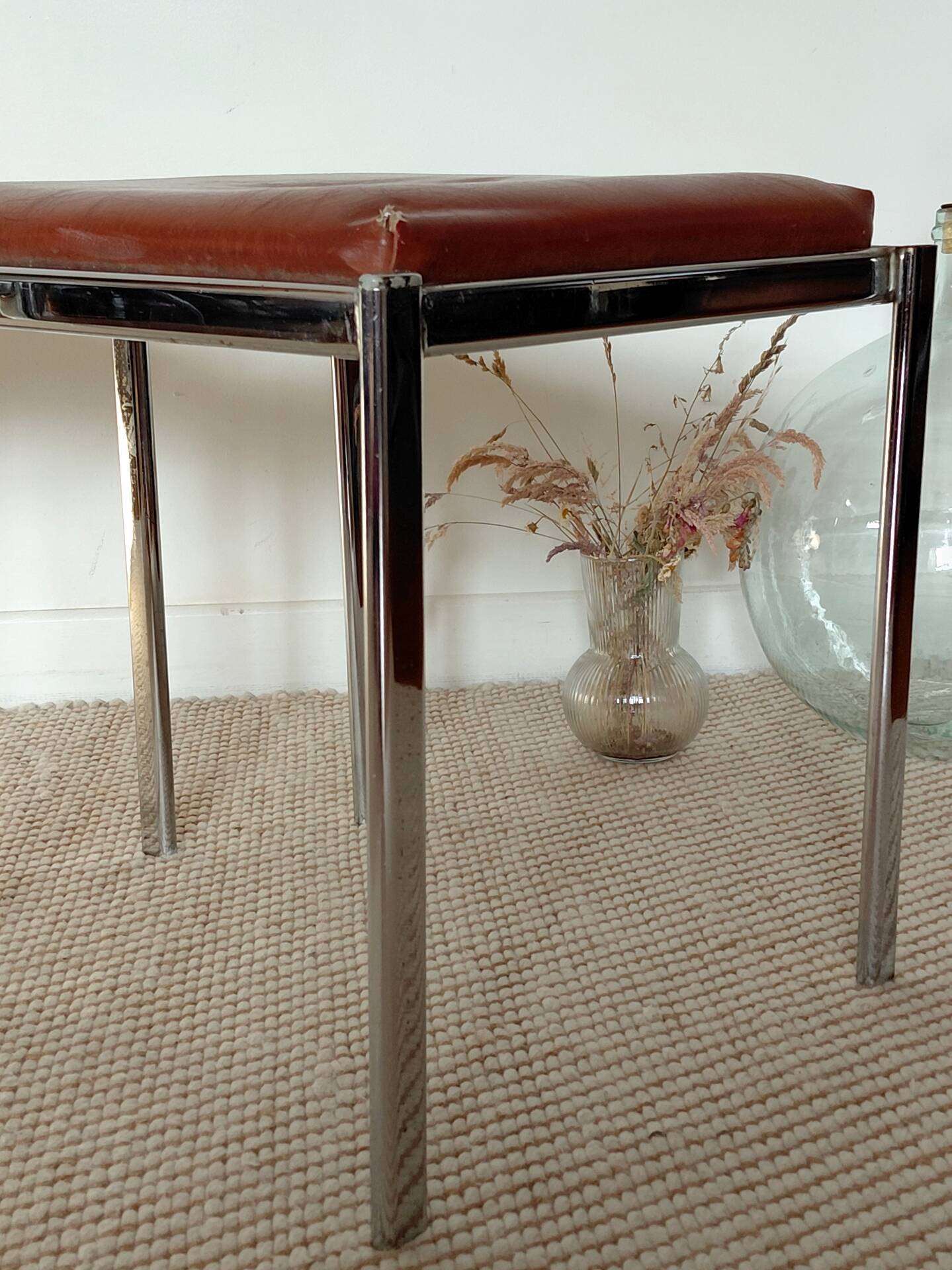Pair of vintage stackable stools in faux leather and chrome - 70s