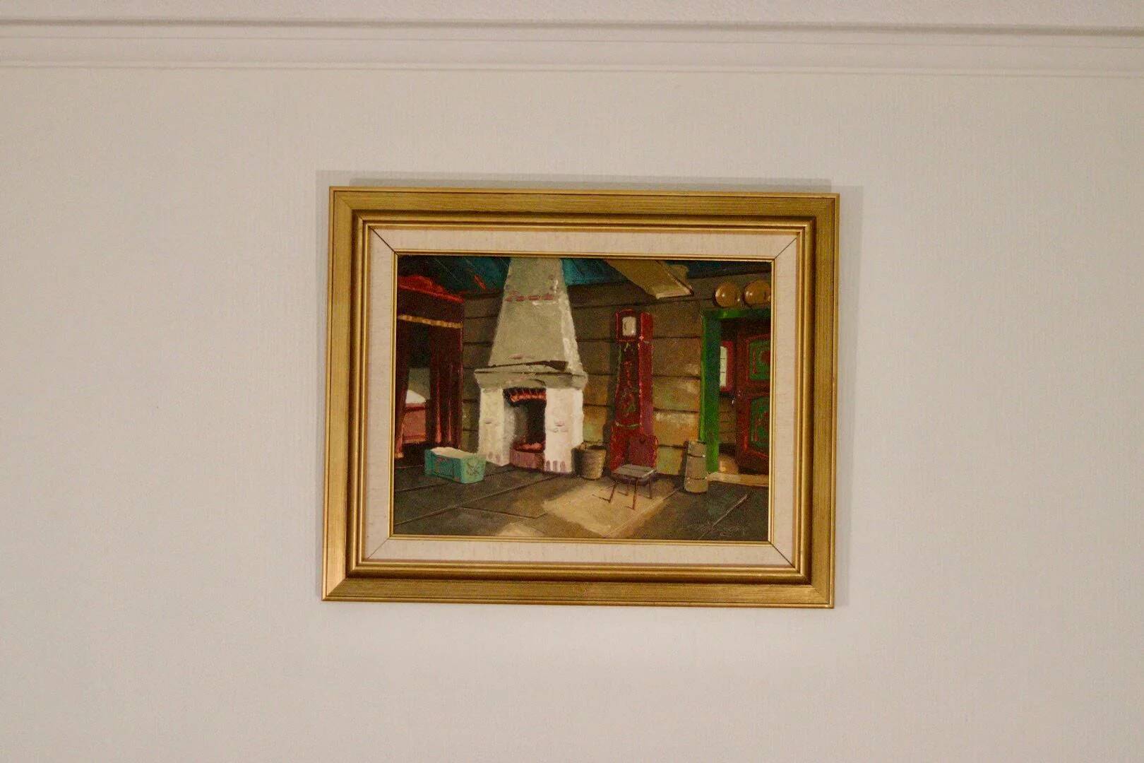Huile sur toile suédoise originale du milieu du siècle – cheminée de cuisine