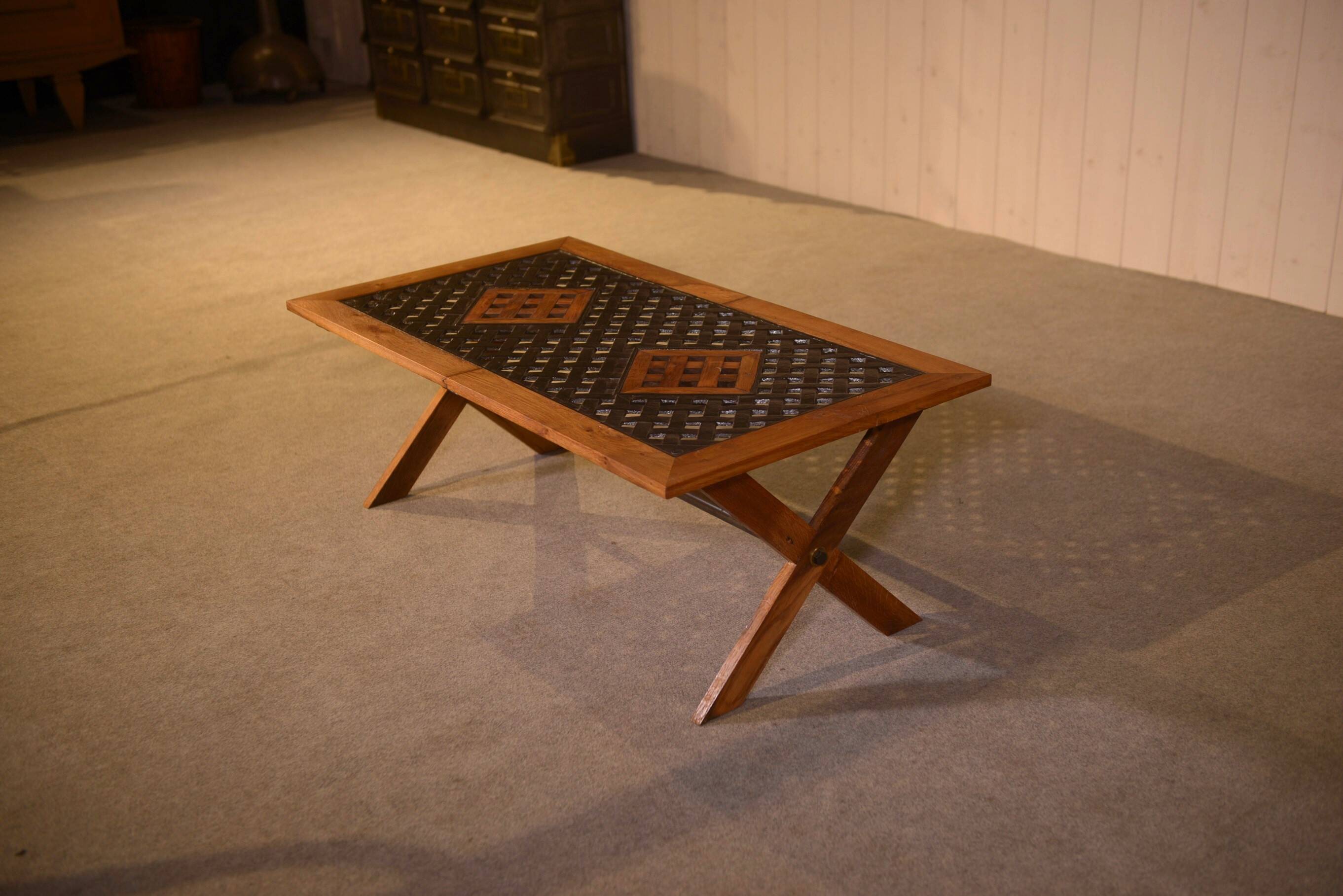 Antique oak and cast iron street furniture coffee table from the 1950s